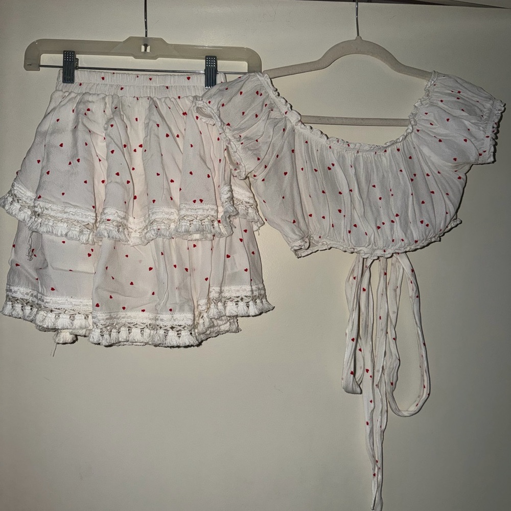 White Two-Piece Crop Top & Ruffle Skirt with Red Heart Print